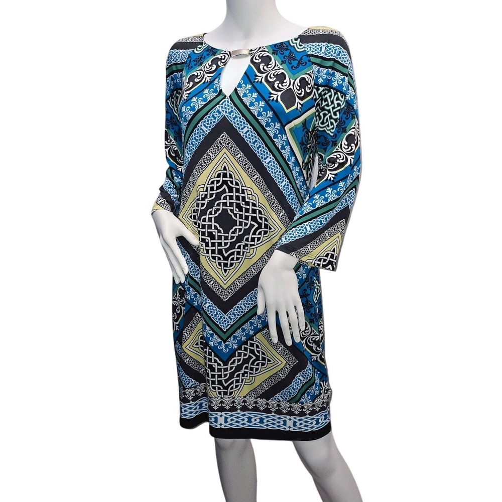 Laundry by Shelli‎ Segal Blue Geometric Shift Dress Keyhole Neck 3/4 Womens S